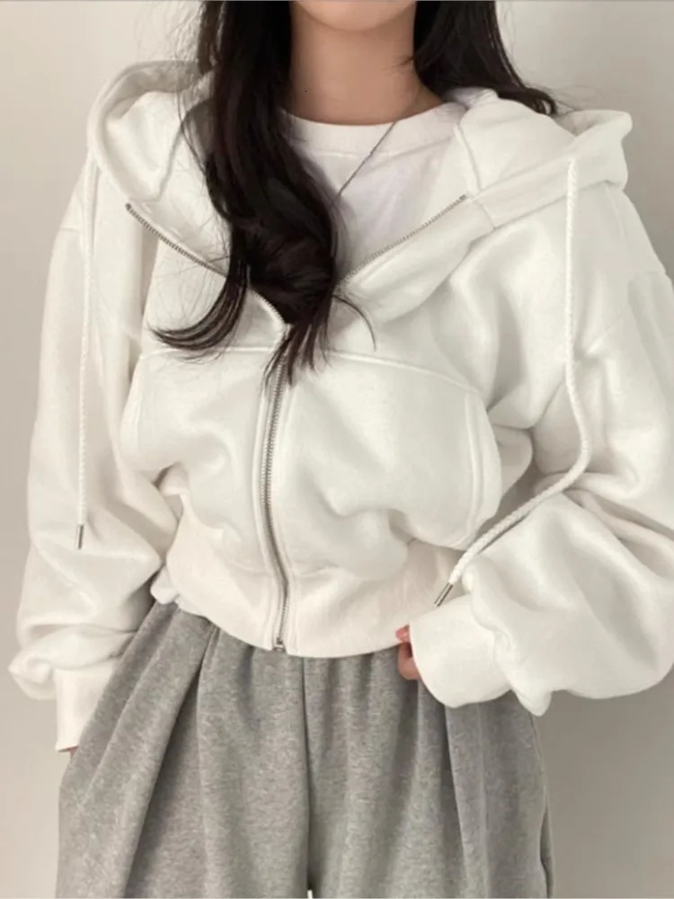 Casual Hoodie Coats Short Warm Zipper Jacket Women Long Sleeve Solid Korean Chic Sweatshirt Tops Autumn Winter Harajuku Clothes 240109