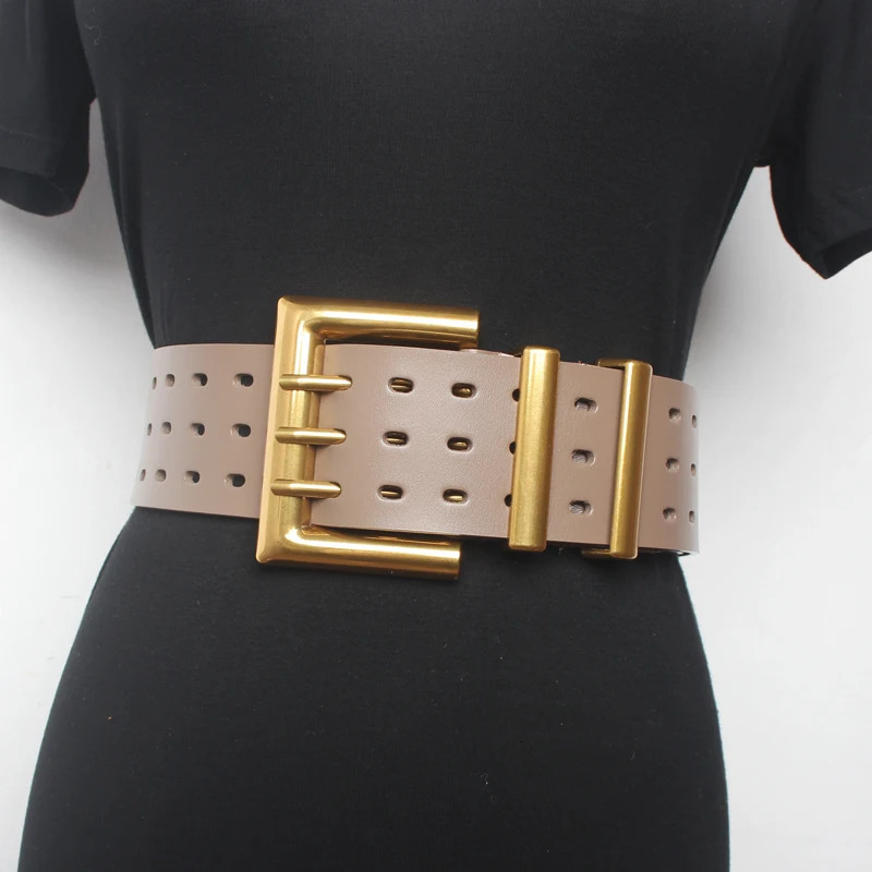 Women's runway fashion genuine leather gold buckle Cummerbunds female Dress Corsets Waistband Belts decoration wide belt R1520 240109