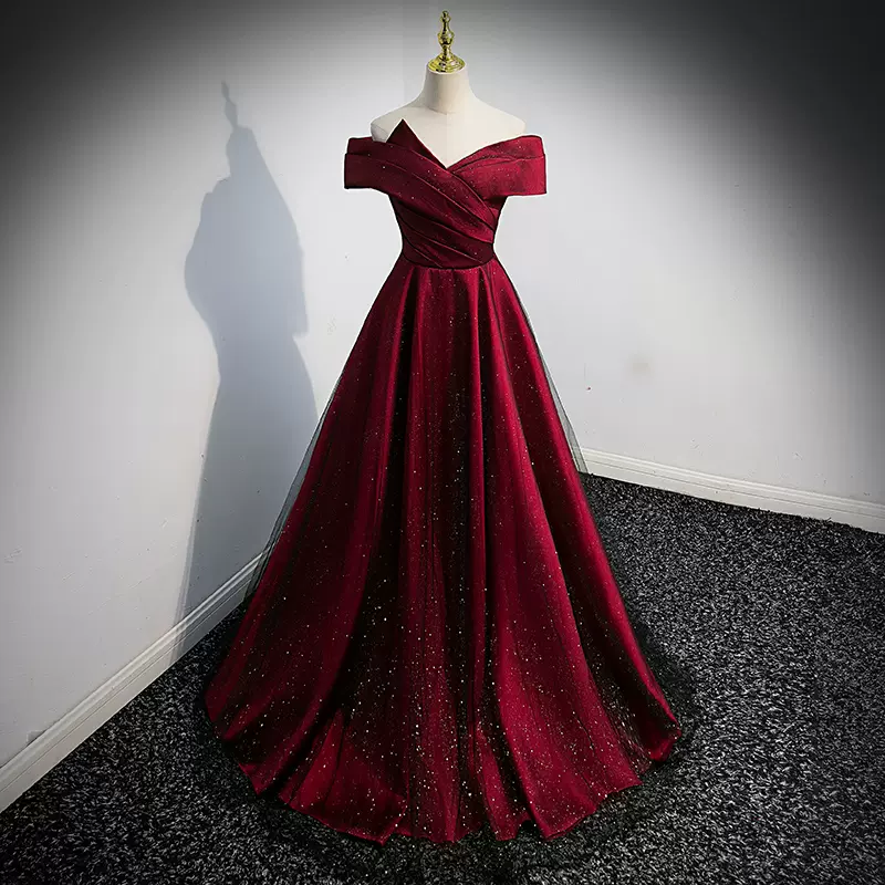 Sparkling Evening Dresses Navy, Burgundy Prom Gowns Off the Shoulder Lace-up Back Party Dresses