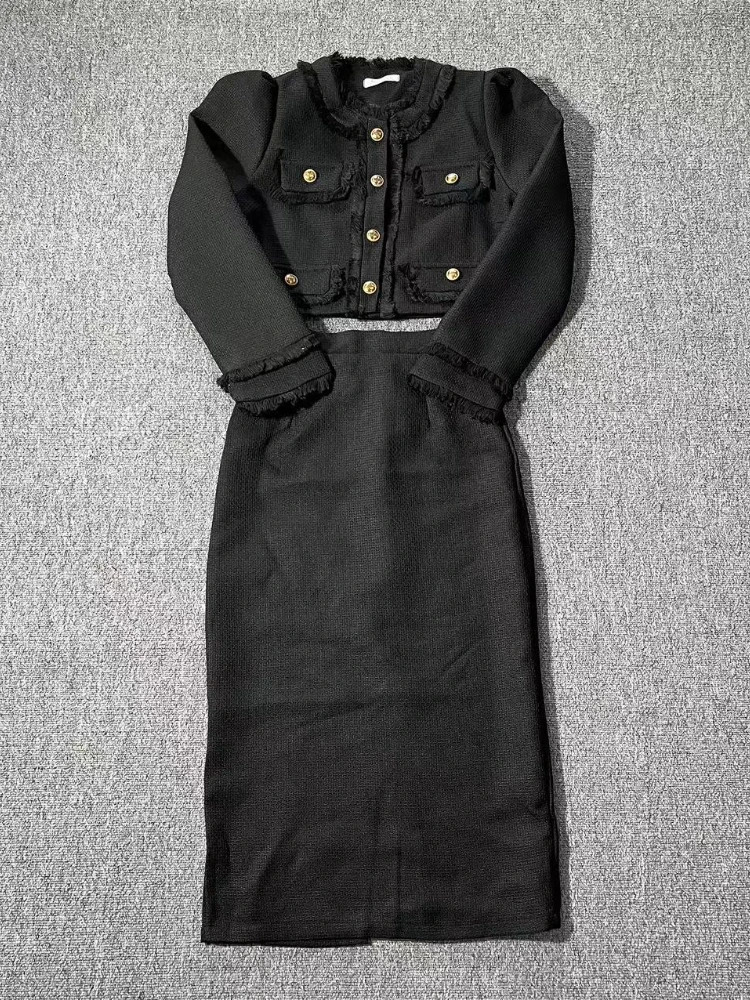 Insozkdg Office Lady Skirt Suit Tweed Two Piece Outfits Women Long Sleeve Coathigh Waist Pencil Set 2 240109 B4