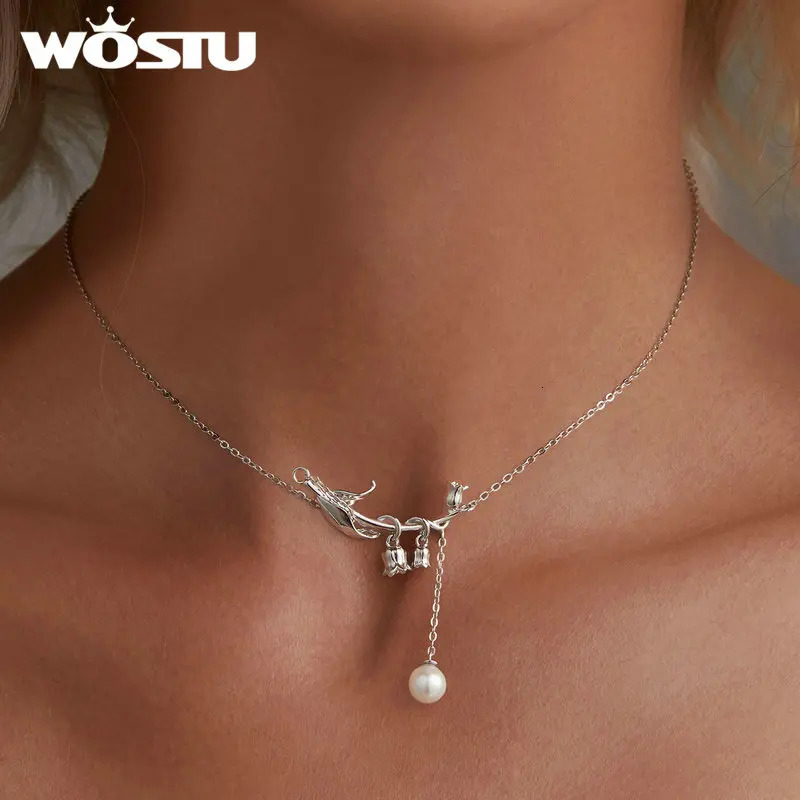 WOSTU Real 925 Sterling Silver Lily of the Valley Flower Necklace Pearl Pendant Drop Earrings Set Wedding Party Jewelry Gift 240109