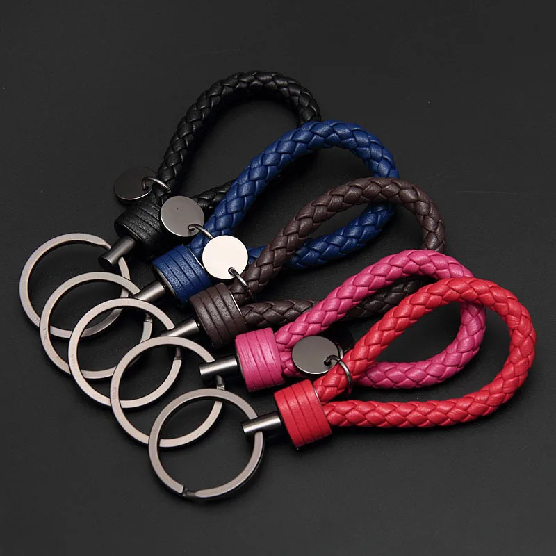 Handmade Braid Real Sheepskin Leather Woven Rope Keychain Wrist Rope Couple Key Chain Llavero Key Ring Key Holder Car Pendant 240109