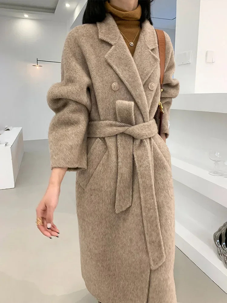 Highend Women Wool Herringbone Loose Doublesided Coat Temperament Handmade Natural Fashion Jacket Autumn Winter 240108