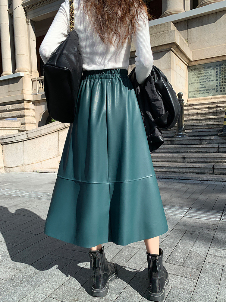 Skirts Vintage Ropa Winter Women Genuine Leather Thin A-line Pleated Skirts Femme Wine Red/Black 65cm Long Jupe Mujer Casual Etek Steet 230413
