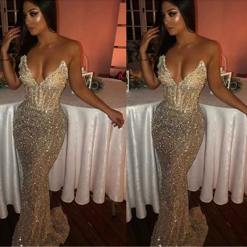 Sequins Shiny Light Champagne Prom Dresses Sexy Bling Sweetheart Mermaid Sleeveless Long Sweep Train Deep V Neck Evening Gowns