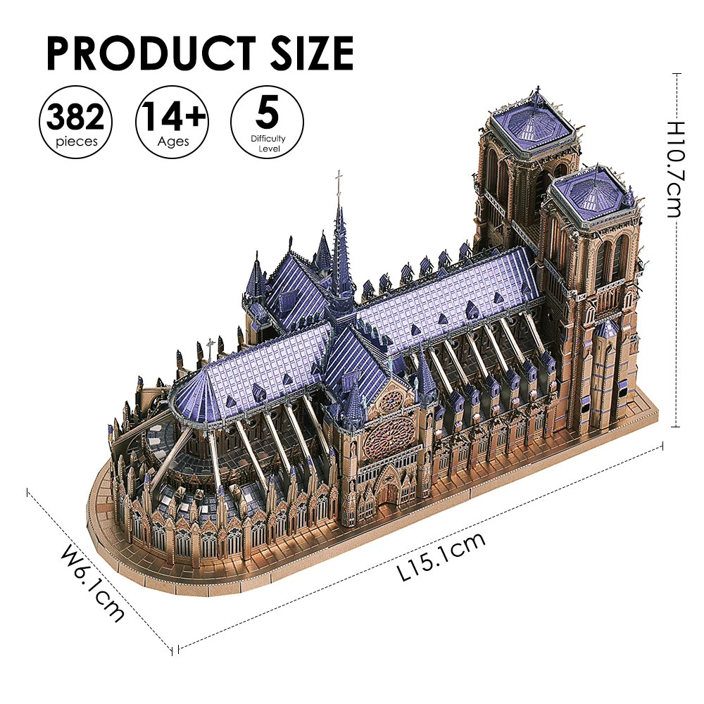 Piececool 3D Metal Puzzles Jigsaw Notre Dame Cathedral Paris DIY Model Building Kits Toys for Adults Birthday Gifts 240108
