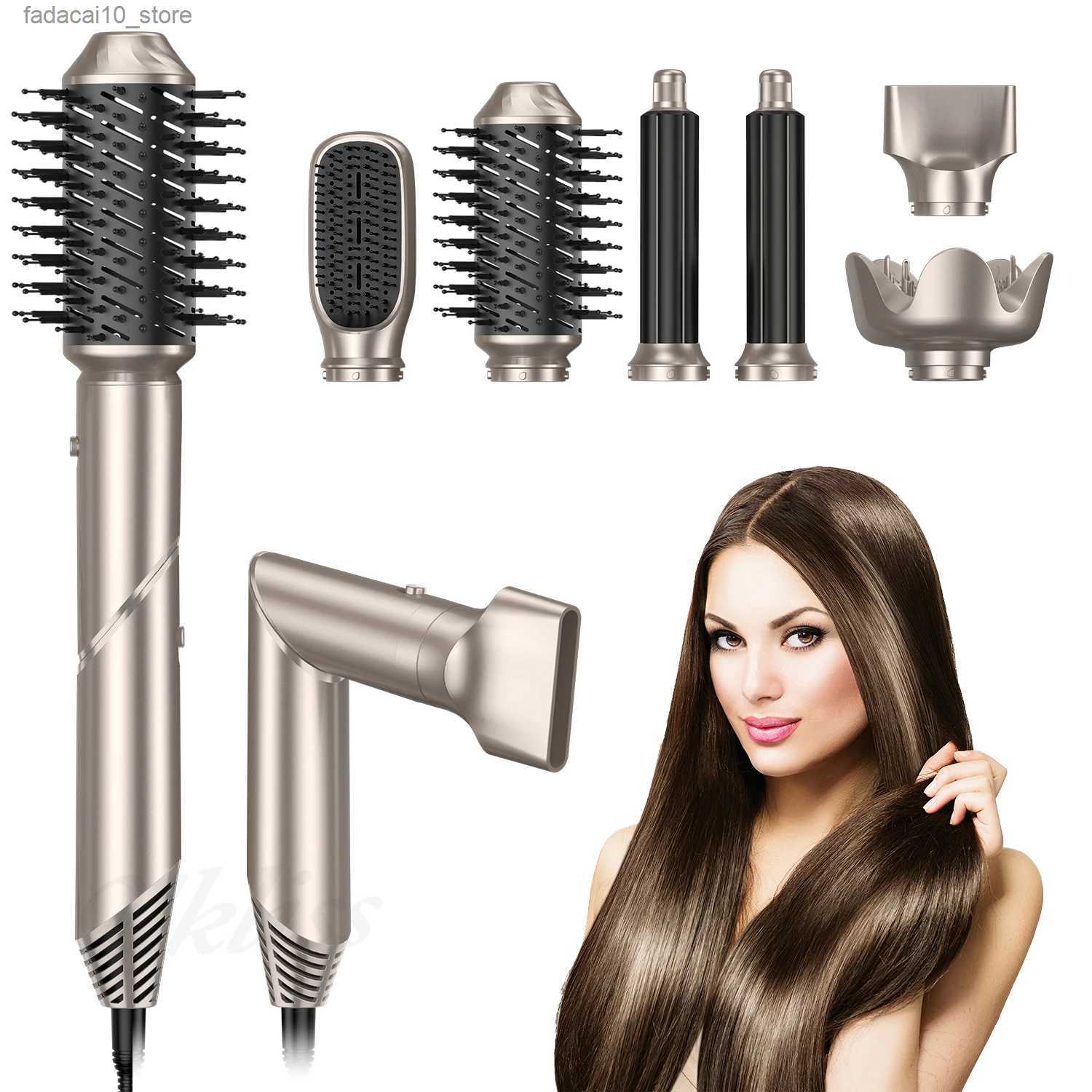 Hair Dryers 6 in 1 Hair Dryer Brush Negative Ions Hair Blower Brush Salon Blow Dryer Air Curler Wand Ceramic Curling Iron Styler Folding Q240109