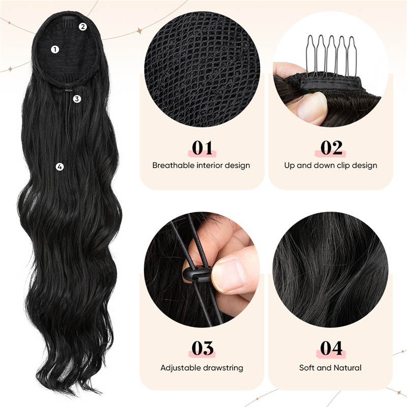 26" Drawstring Ponytail, Long Wavy Natural Soft Ponytail Extension Synthetic Heat Resistant Curly Hairpieces for Women