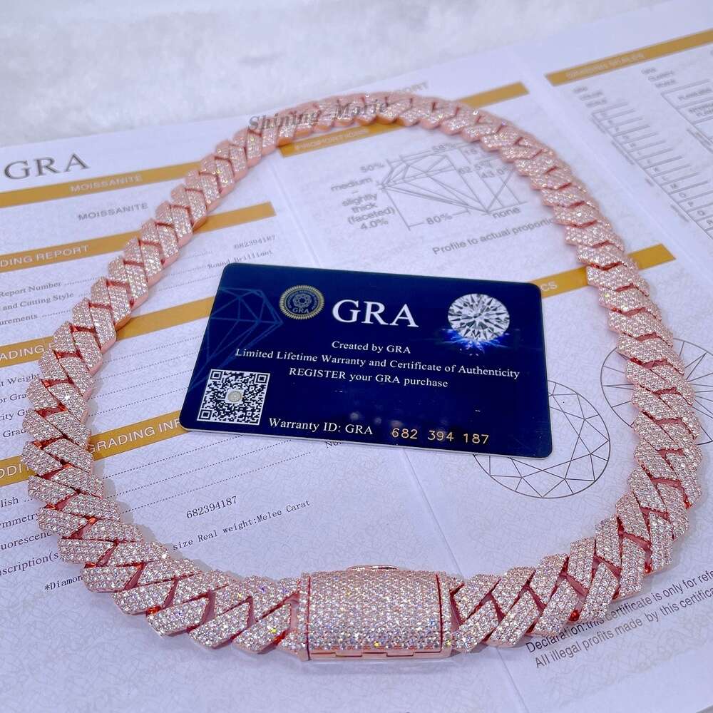 Hiphop Luxury Jewelry 15mm Width 3row Moissanite Diamond 20inches Cuban Chain Cuban Link Chain 925 Silver Cuban Chain Necklace