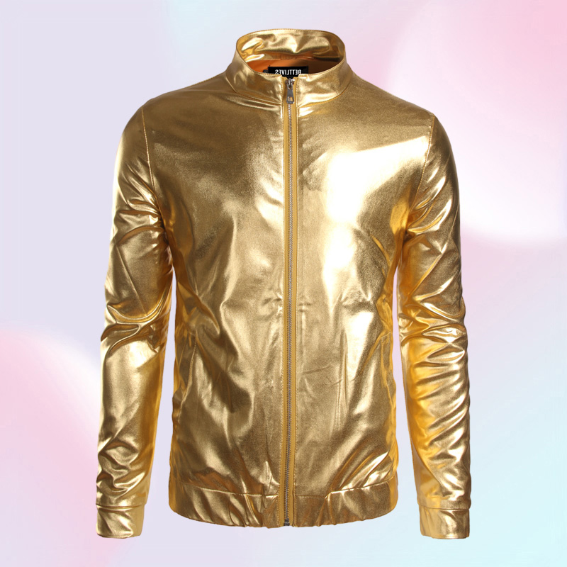 Whole Nightclub Trend Metallic Gold Shiny Jacket Men Veste Homme Fashion Brand FrontZip Lightweight Baseball Bomber Jacket B2129507