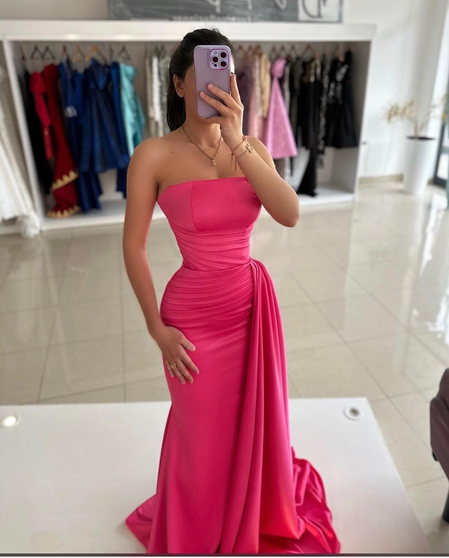 Rosy Pink Mermaid Prom Dress Strapless Evening Elegant Sleeveless Pleats Waist Decor Backless Formal Dresses For Special Ocns 0516