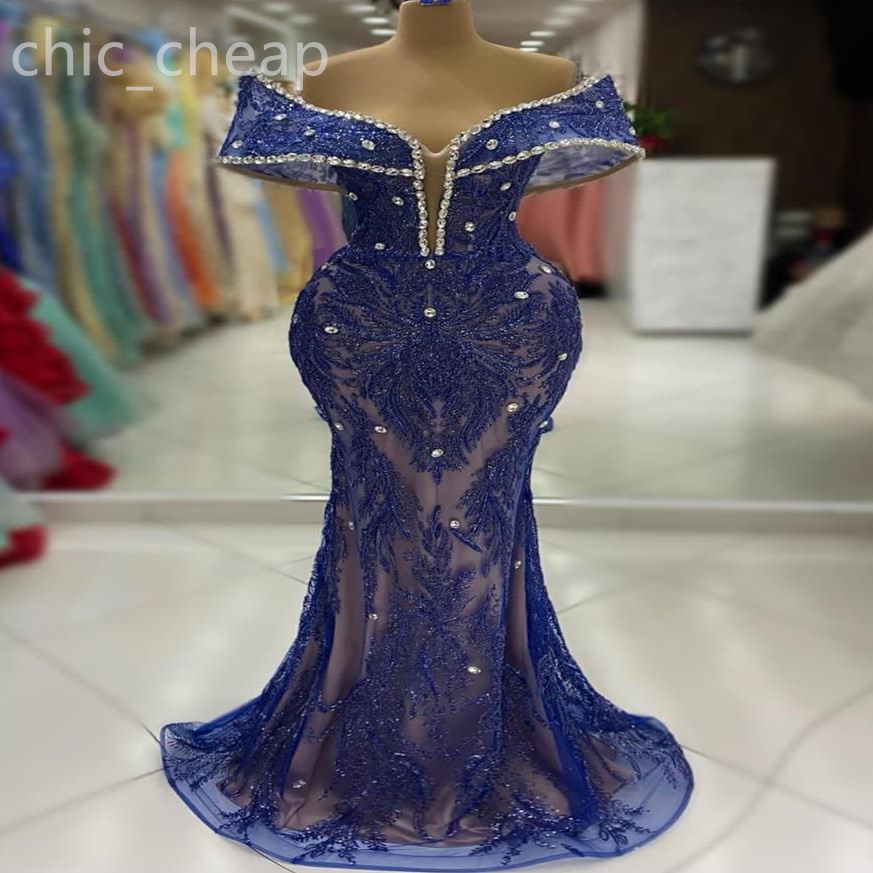 Ao Ebi 2024 Royal Blue Mermaid Prom Dre Crytal Sequined Lace Evening Formal Party Second Reception Birthday Engagement Gown Dree Robe De Soiree Zj434
