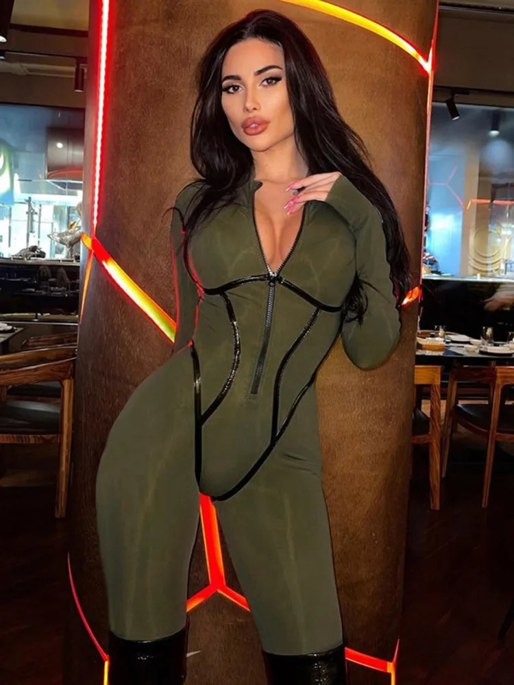 Mozision Black Sexy Skinny Jumpsuit Women Overalls O Neck Full Sleeve Zipper Sporty Jumpsuits Ladies Fashion Rompers Streetwear 240109