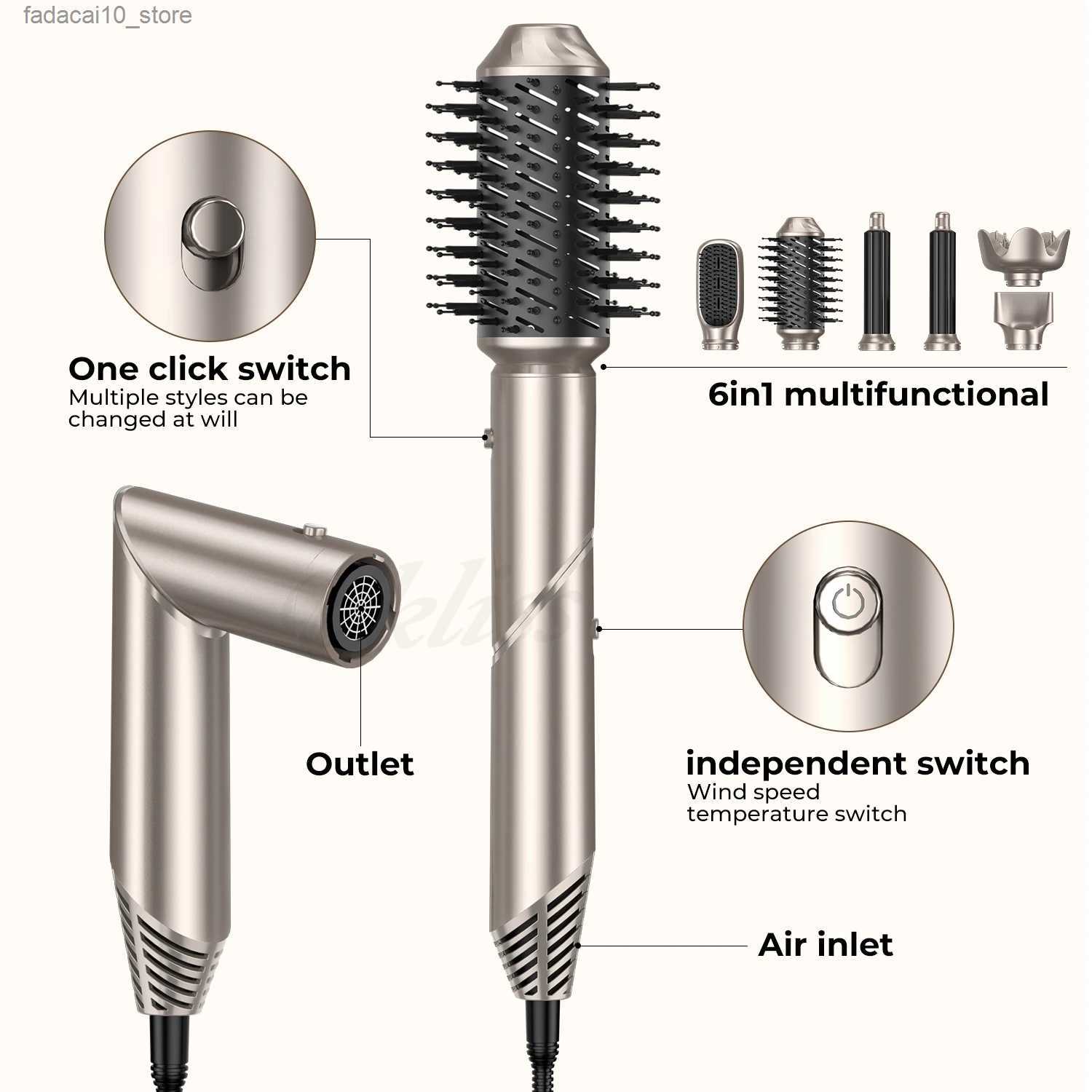 Hair Dryers 6 in 1 Hair Dryer Brush Negative Ions Hair Blower Brush Salon Blow Dryer Air Curler Wand Ceramic Curling Iron Styler Folding Q240109