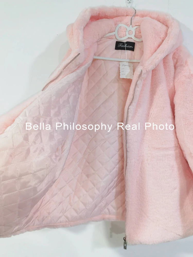 Women Sweet Pink Fur Coats Female Winter Thick Warm Streetwears Korean Hooded Fashion Oversize Outerwears 240108