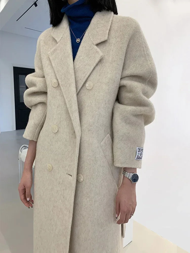 Highend Women Wool Herringbone Loose Doublesided Coat Temperament Handmade Natural Fashion Jacket Autumn Winter 240108
