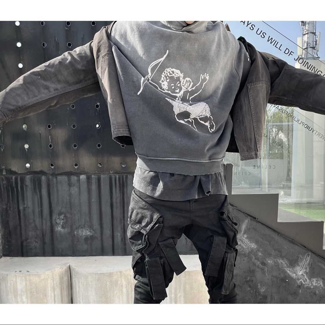 Men's Hoodies Sweatshirts ASKYURSELF NEW VINTAGE Vintage Washed And Ruined Cashew Flower Angel Print Hoodie T240109