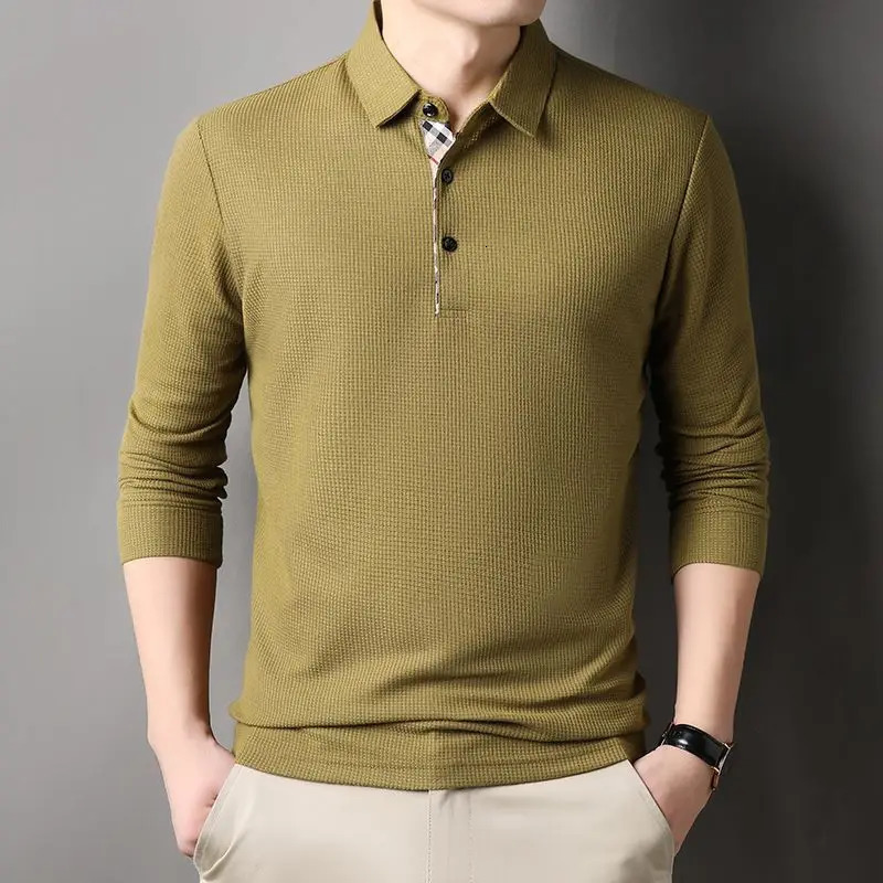 Men Fashion Long Sleeve Solid Casual Polo Shirts Spring Autumn Loose Streetwear Male Clothes Lapel Plaid Business Office Tops 240109