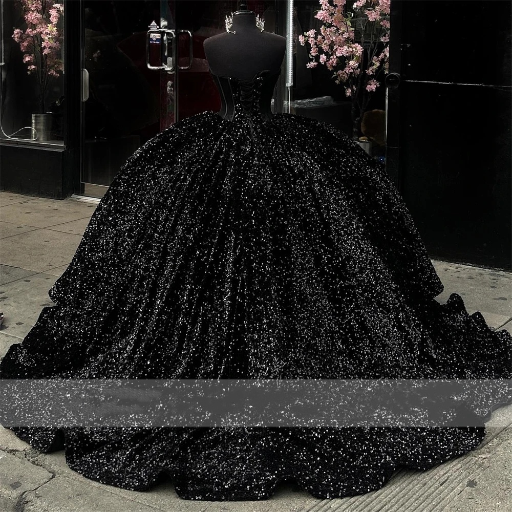 Sequined Sweetheart Ball Black Gown Quinceanera Dress for Girls Crystal Beaded Birthday Party Gowns Prom Dresses Robe De Bal s es