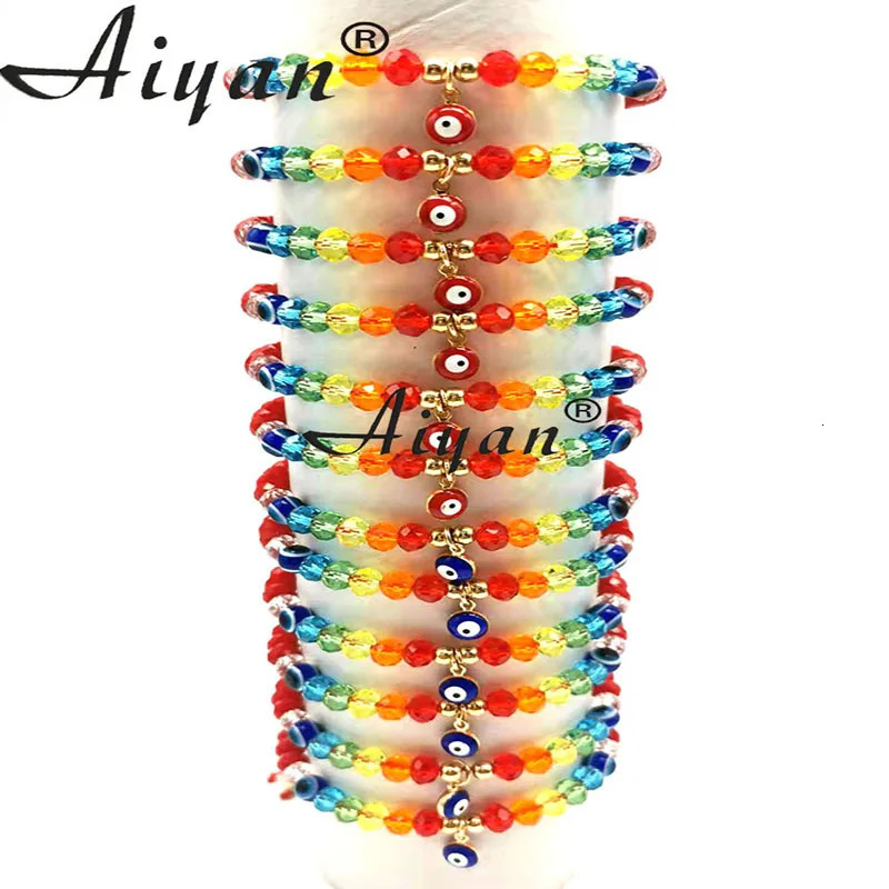 12 Pieces Rainbow And Red Crystal Hanging Alloy Single Hanging Eye Woven Bracelet With Exorcism Protection Can Given As Gifts 240109