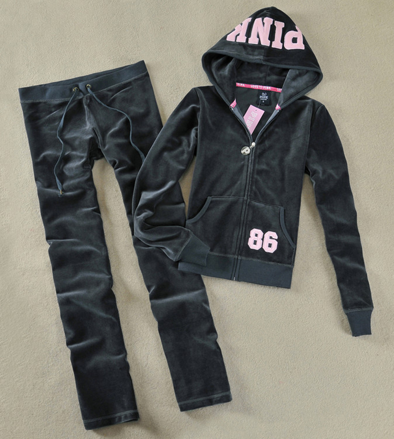 PINK Velvet Tracksuits for Women - Zipper Hoodie and Embroidered Letter Jogger Pants Two-Piece Casual Lounge Set C260312