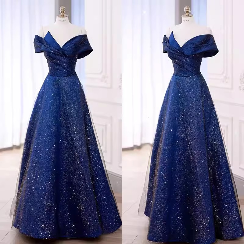 Sparkling Evening Dresses Navy, Burgundy Prom Gowns Off the Shoulder Lace-up Back Party Dresses