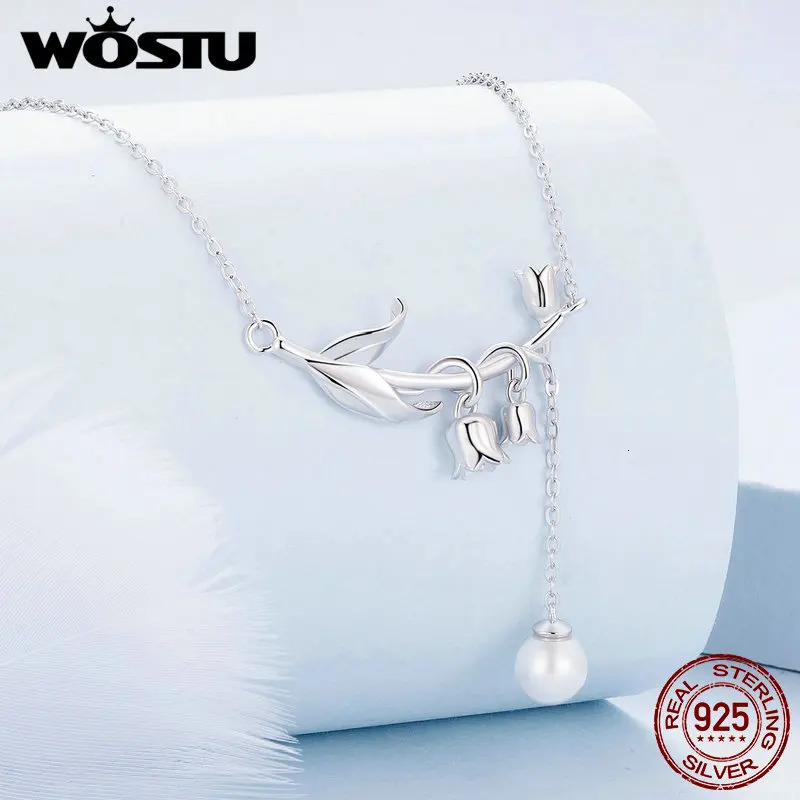 WOSTU Real 925 Sterling Silver Lily of the Valley Flower Necklace Pearl Pendant Drop Earrings Set Wedding Party Jewelry Gift 240109