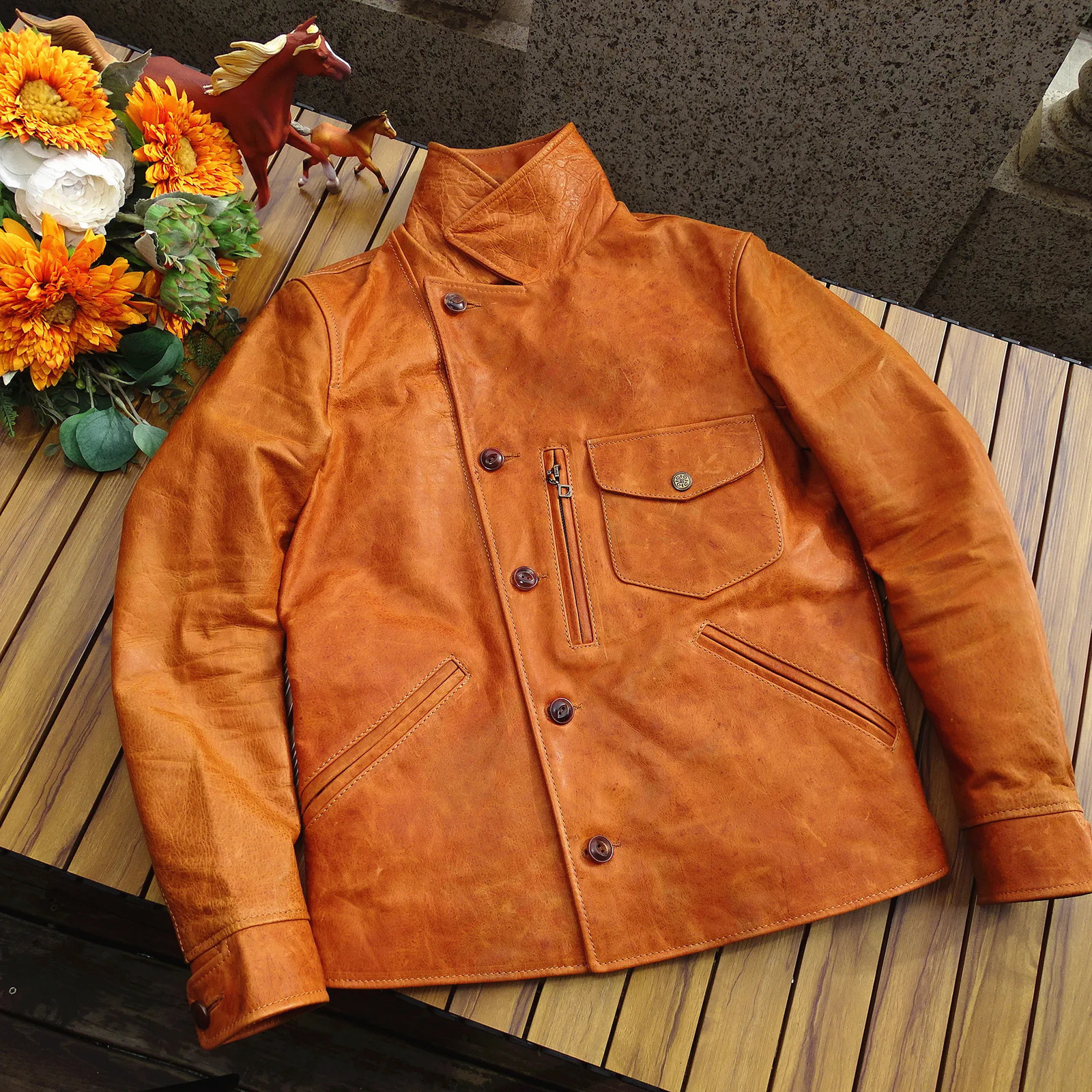 YR.Men Rider Vintage Amber tanned horsehide jacket.classic casual soft real leather coat.slim fit leather cloth 240108