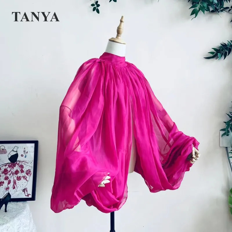 Pink Silk Chiffon Wedding Cloak Puffy Sleeves Jacket Bridal Accessories Short Bolero Shawl Free Size High Neck With Buttons 240108