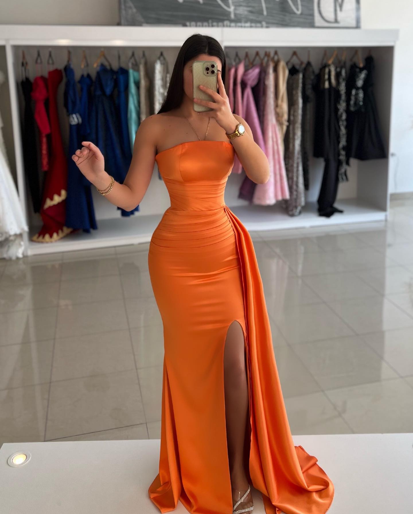 Prom Orange Mermaid Dress Strapless Evening Elegant Sleeveless Pleats Waist Decor Backless Formal Dresses For Special Ocns Es 6660306