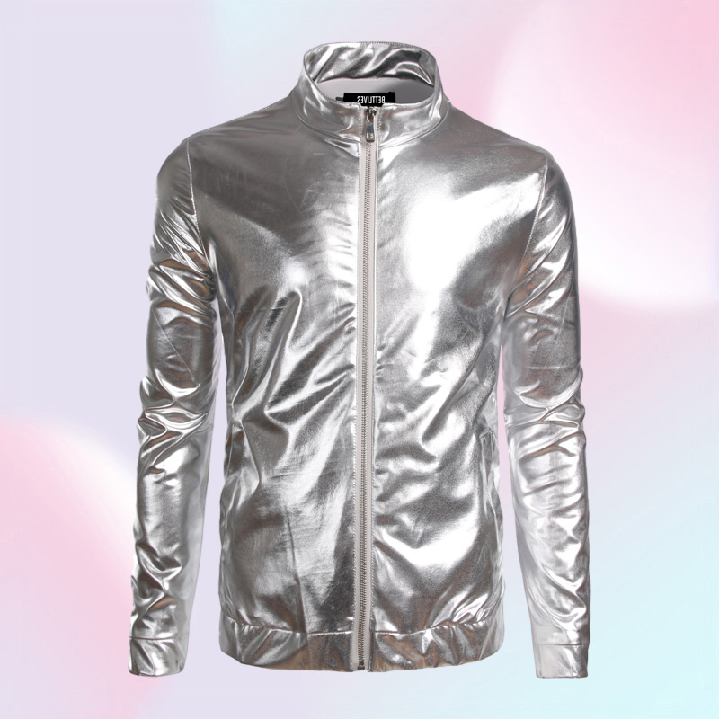 Whole Nightclub Trend Metallic Gold Shiny Jacket Men Veste Homme Fashion Brand FrontZip Lightweight Baseball Bomber Jacket B2129507