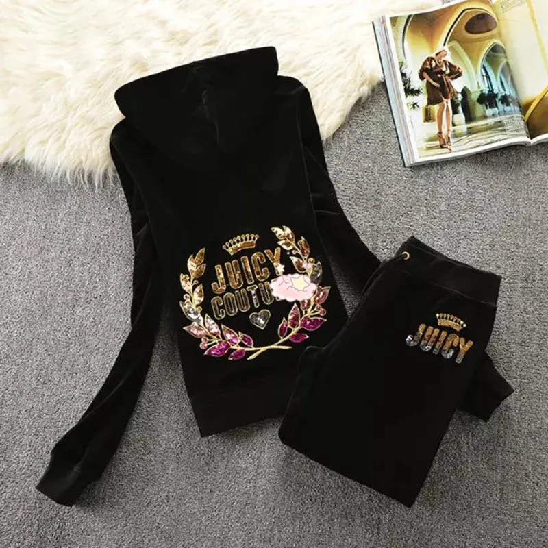 Juicy Casual Vintage Velvet 2 Piece Set Autumn Casual Tracksuit Long Sleeve Hoodie Sweatshirt With Sequins Women Trac