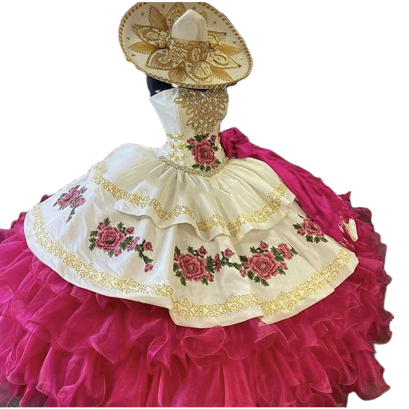 Dresses with Quinceanera Mexico Floral Embroidery Lace Appliques Hot Pink Tiered Skirt Pluffy Strapless Sweet Dress Crystals Beaded