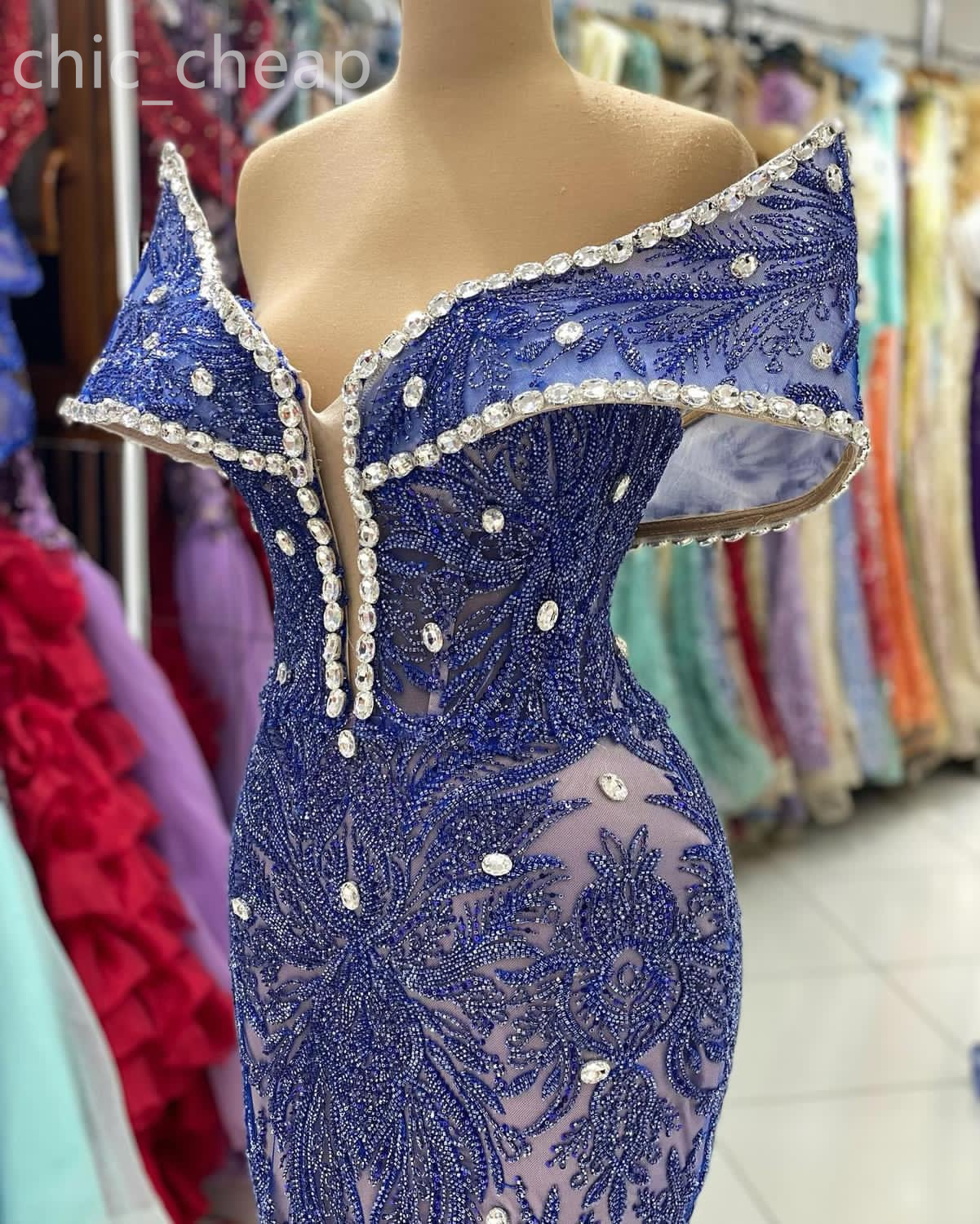 Ao Ebi 2024 Royal Blue Mermaid Prom Dre Crytal Sequined Lace Evening Formal Party Second Reception Birthday Engagement Gown Dree Robe De Soiree Zj434