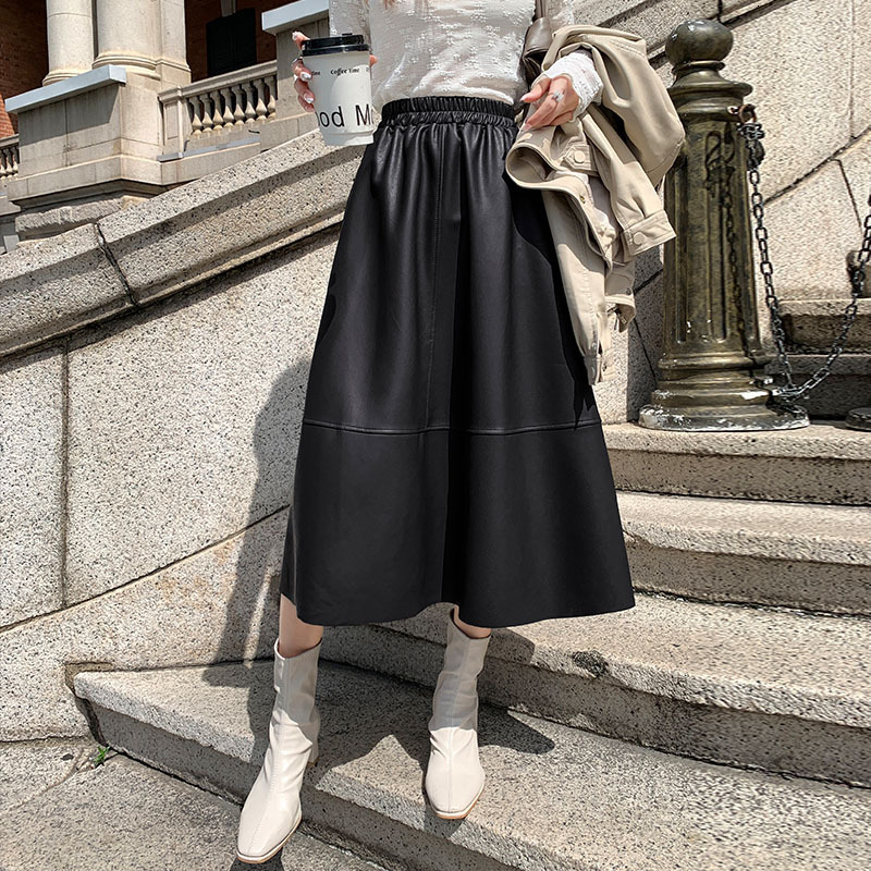 Skirts Vintage Ropa Winter Women Genuine Leather Thin A-line Pleated Skirts Femme Wine Red/Black 65cm Long Jupe Mujer Casual Etek Steet 230413