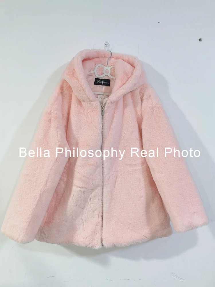Women Sweet Pink Fur Coats Female Winter Thick Warm Streetwears Korean Hooded Fashion Oversize Outerwears 240108
