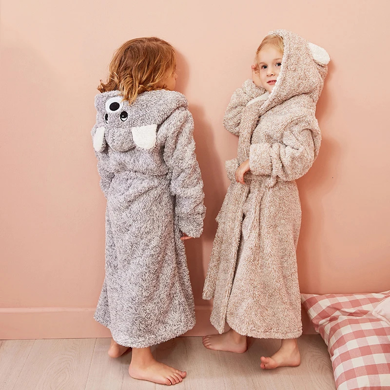 Kids Bathrobe Solid Color Cartoon Hoodies Girls Sleepwear Bath Towels Kids Soft Bathrobe Pajamas 4-13 Years Children's Clothing 240108