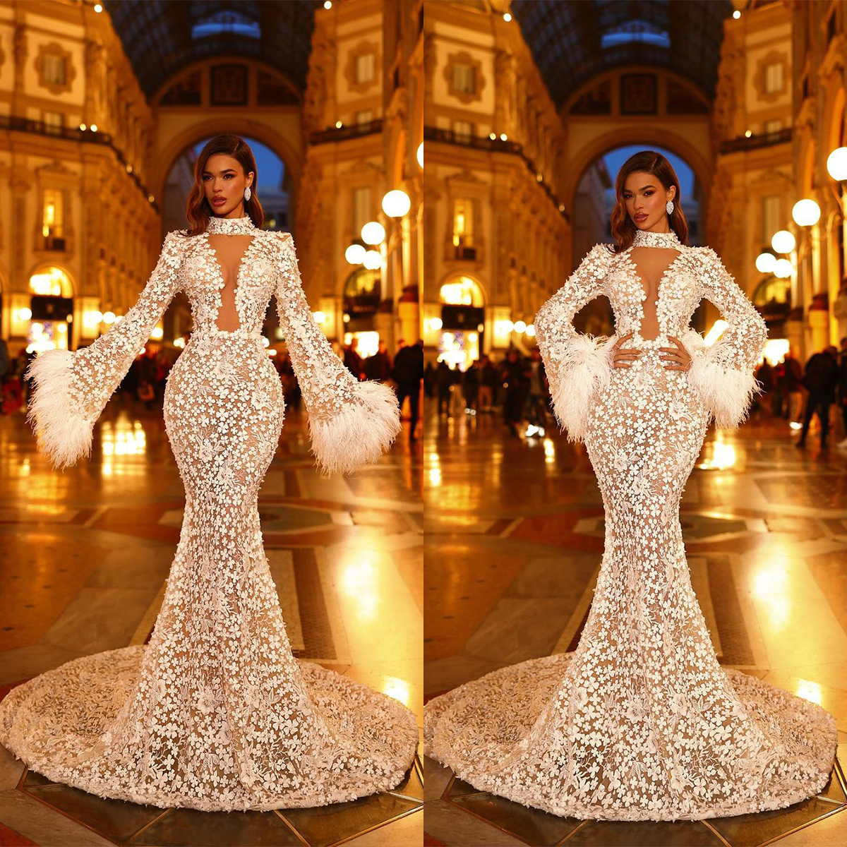 Mermaid Women Wedding Dress High Collar Bridal Gown Appliques Feather Sweep Train Slim Fit Dresses vestidos de novia
