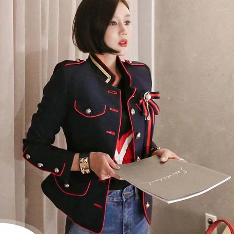 Women's Suits Women Navy Blue Blazer Feminino Single Breasted Bow Brooch Short Suit Jacket Office Ladies Chic Slim Blazers Outwear