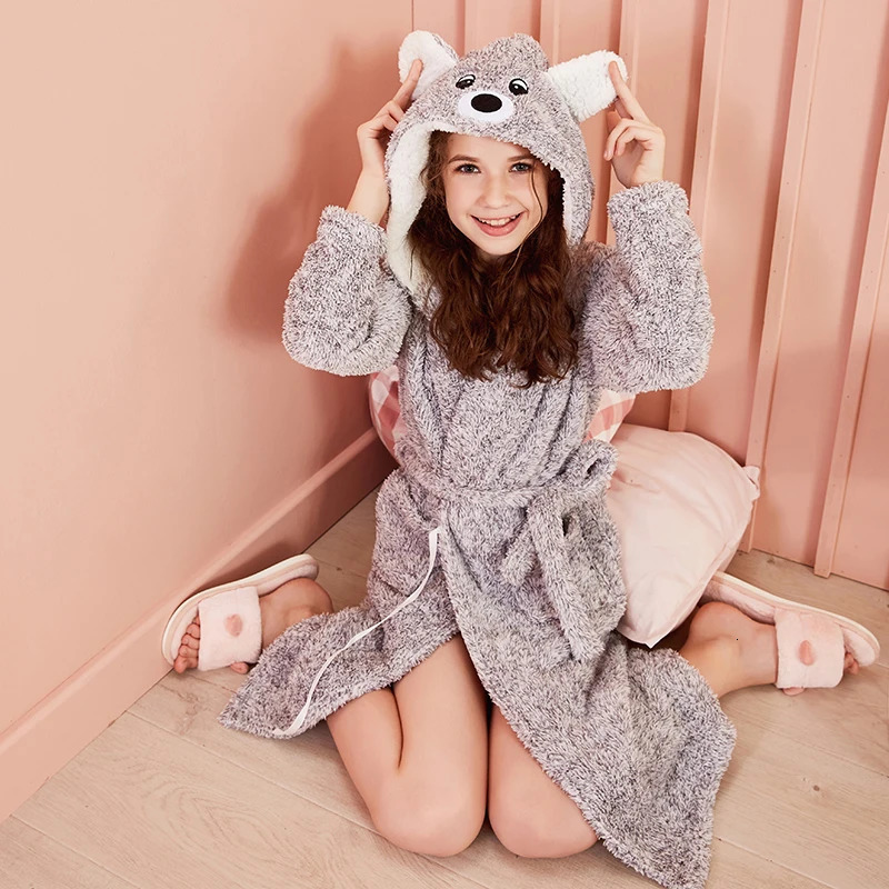 Kids Bathrobe Solid Color Cartoon Hoodies Girls Sleepwear Bath Towels Kids Soft Bathrobe Pajamas 4-13 Years Children's Clothing 240108