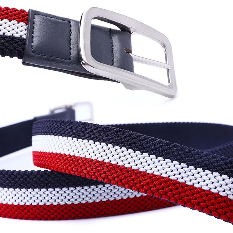 Premium Quality Fashion Accessories Double Sided Braided Elastic Stretch Fabric Golf Leather Belt For Men with Silvery Buckle 240109