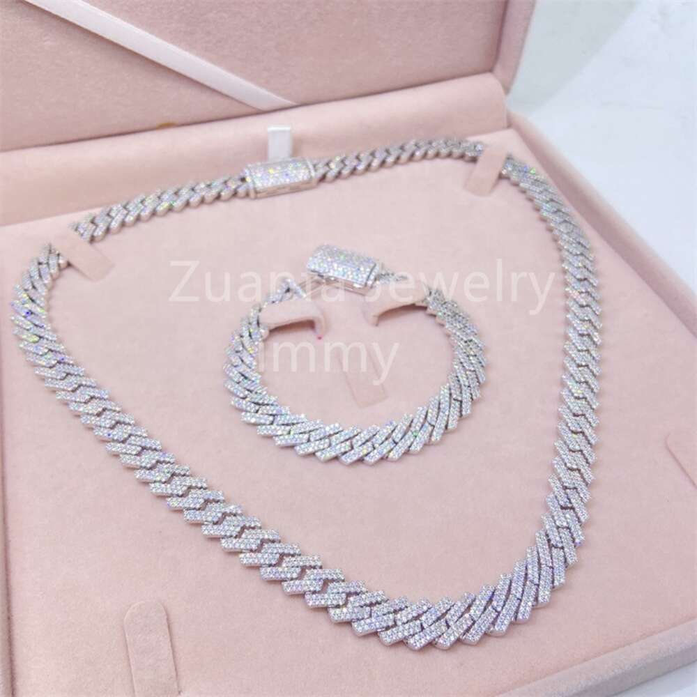 925 Sterling Silver Solid Customized Unique Design 10mm Two Row Vvs1 Moissanite Diamond Men Cuban Link Chain