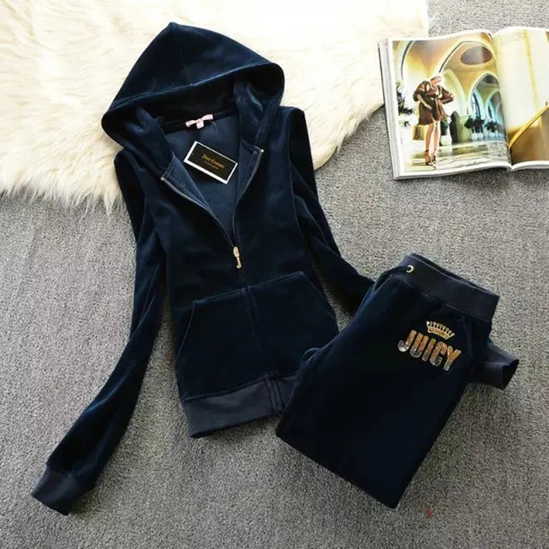 Juicy Casual Vintage Velvet 2 Piece Set Autumn Casual Tracksuit Long Sleeve Hoodie Sweatshirt With Sequins Women Trac