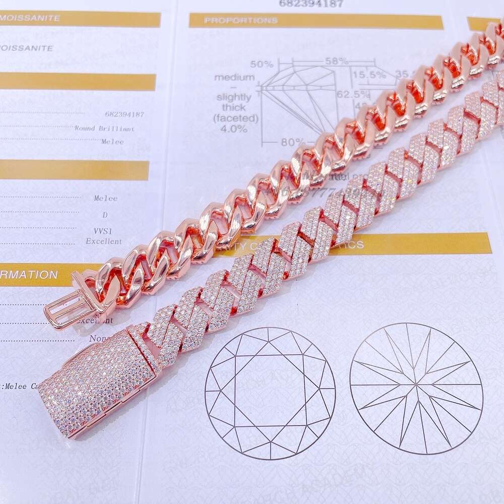 Hiphop Luxury Jewelry 15mm Width 3row Moissanite Diamond 20inches Cuban Chain Cuban Link Chain 925 Silver Cuban Chain Necklace
