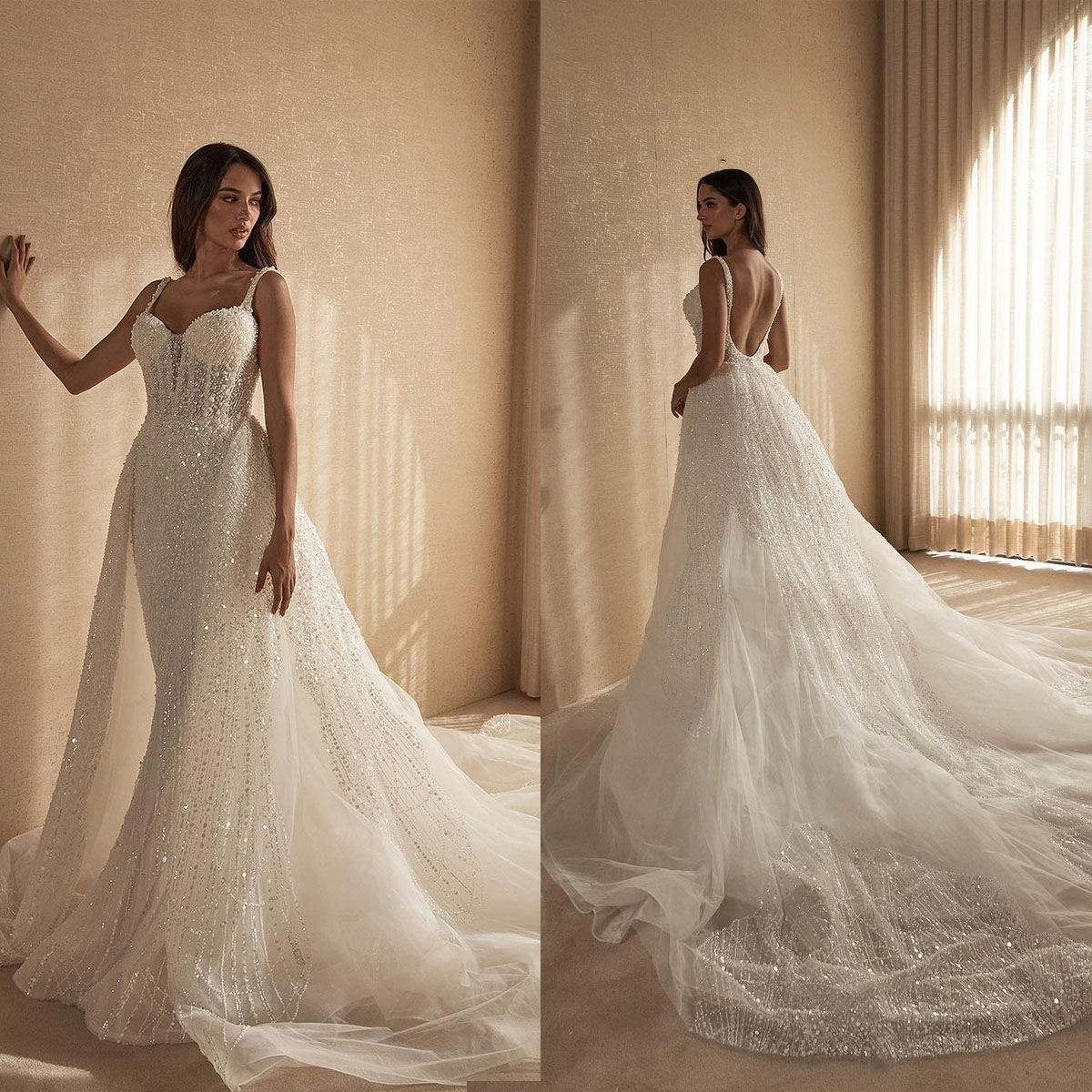 Elegant Mermaid Wedding Dresses Bridal Gown Sweetheart Neck For Women Spaghetti Strap Sequins Slim Fit Sweep Train Dress Custom Made