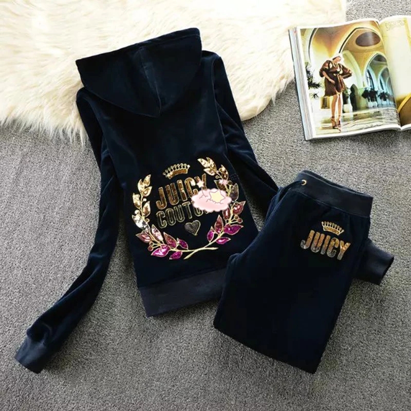 Juicy Casual Vintage Velvet 2 Piece Set Autumn Casual Tracksuit Long Sleeve Hoodie Sweatshirt With Sequins Women Trac