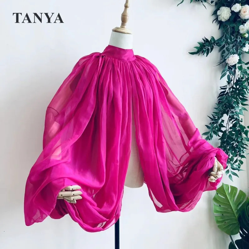 Pink Silk Chiffon Wedding Cloak Puffy Sleeves Jacket Bridal Accessories Short Bolero Shawl Free Size High Neck With Buttons 240108