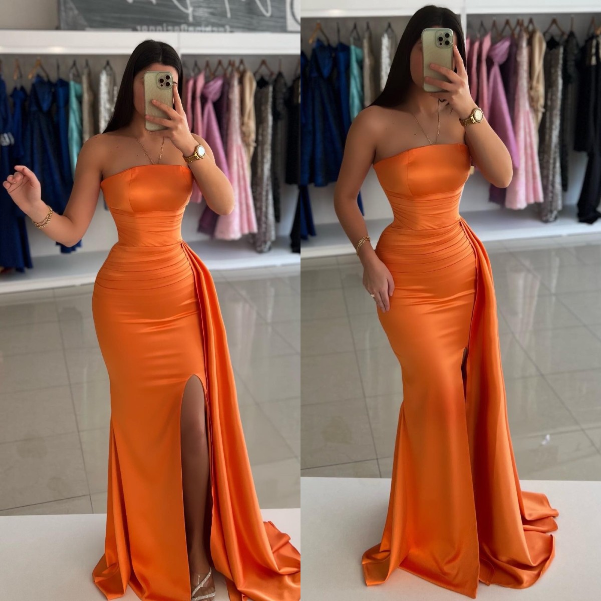 Prom Orange Mermaid Dress Strapless Evening Elegant Sleeveless Pleats Waist Decor Backless Formal Dresses For Special Ocns Es 6660306