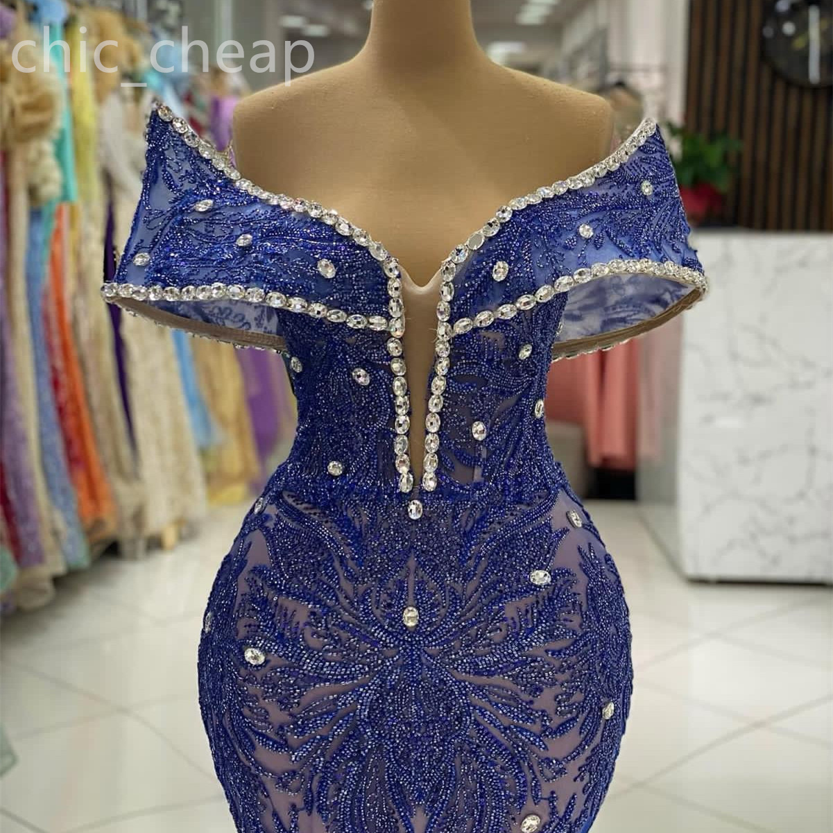 Ao Ebi 2024 Royal Blue Mermaid Prom Dre Crytal Sequined Lace Evening Formal Party Second Reception Birthday Engagement Gown Dree Robe De Soiree Zj434