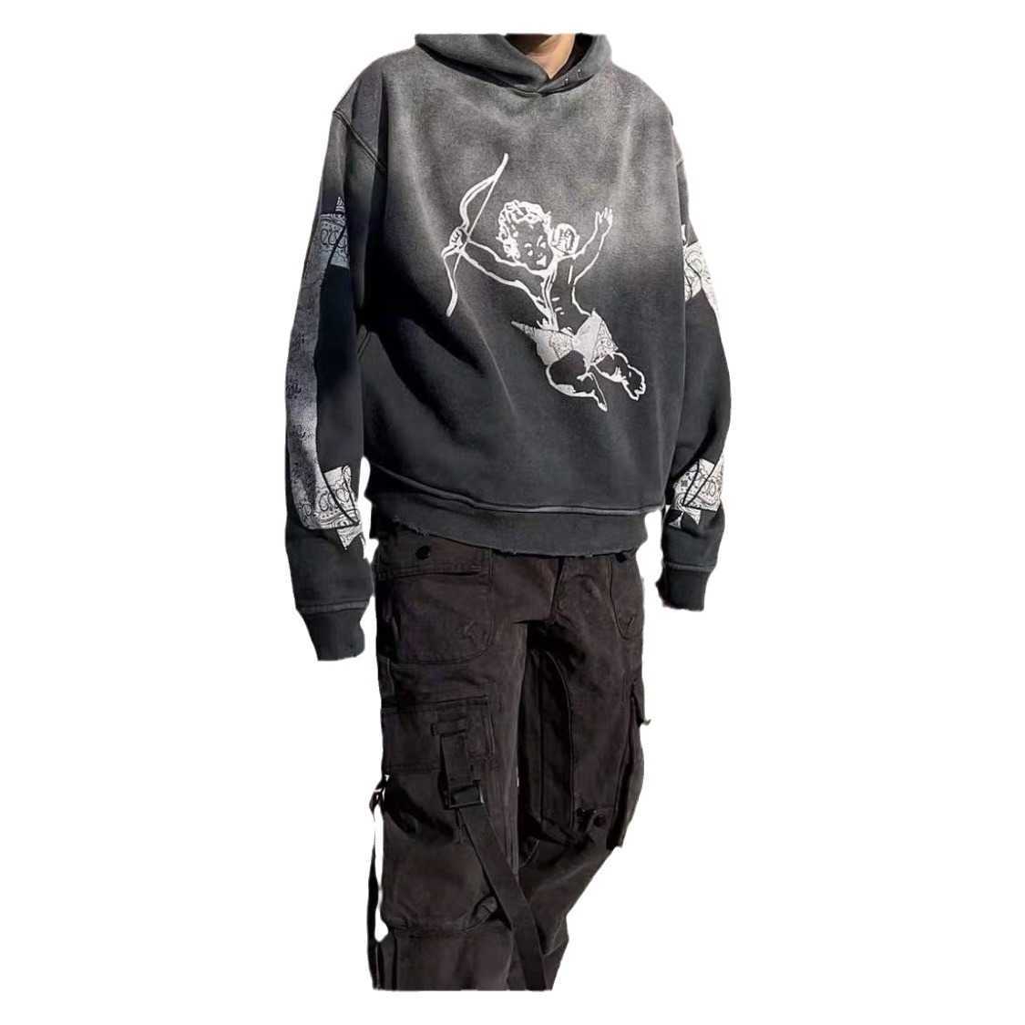 Men's Hoodies Sweatshirts ASKYURSELF NEW VINTAGE Vintage Washed And Ruined Cashew Flower Angel Print Hoodie T240109